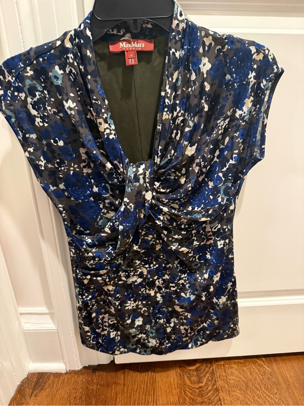 MaxMara Blue and Black Floral Twist-Front Cap Sleeve Top